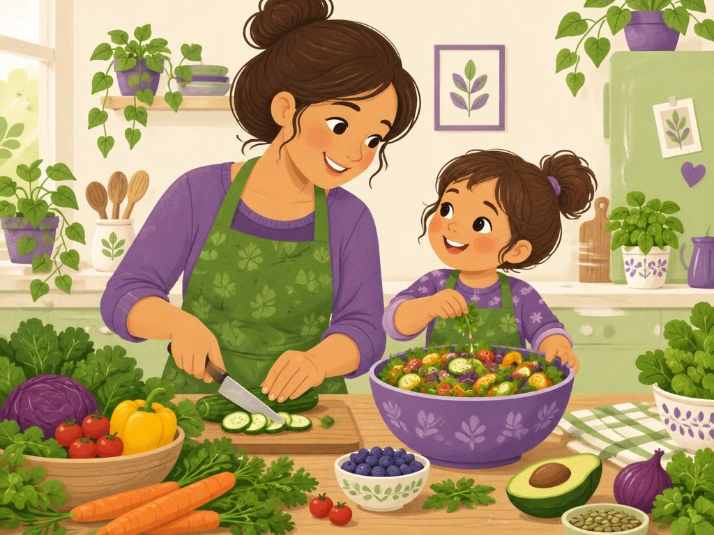 A parent and child preparing a colourful meal together